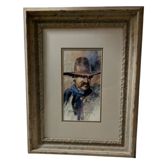Kirk Randle Cowboy Portrait Painting Distressed Wooden Frame - Picture 1 of 16
